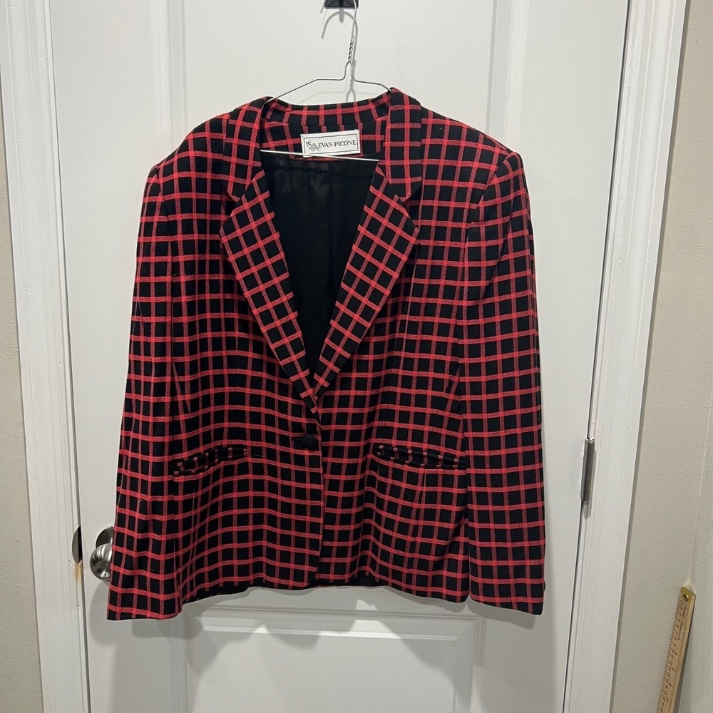 Evan Picone Red Black Plaid‎ Blazer Jacket Size 14 Womens Single Button